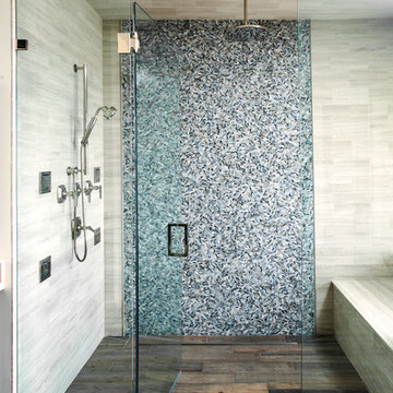 Stunning Mosaic Tile in Curbless Master Bath Shower with Rain Forest Shower Head