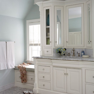 Elegant mosaic tile floor bathroom photo in New York with blue walls, raised-panel cabinets and white cabinets
