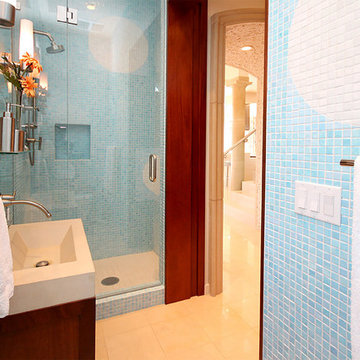 Mosaic Tiled Powder Room with Shower