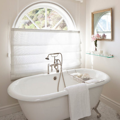 Inspiration for a mid-sized shabby-chic style master white tile and stone slab mosaic tile floor bathroom remodel in Los Angeles with beige walls, recessed-panel cabinets, white cabinets, an undermount sink and marble countertops