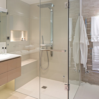Inspiration for a contemporary shower bench remodel in New York with an integrated sink and a niche