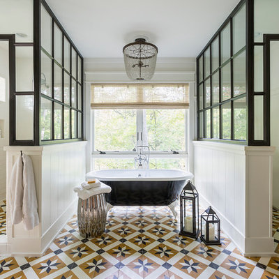 Example of a large transitional master white tile multicolored floor and ceramic tile bathroom design in Los Angeles with a hinged shower door, furniture-like cabinets, medium tone wood cabinets, white walls and an undermount sink