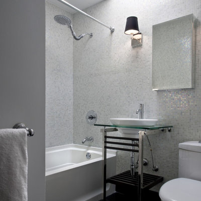 Bathroom - contemporary mosaic tile and white tile bathroom idea in DC Metro with a vessel sink