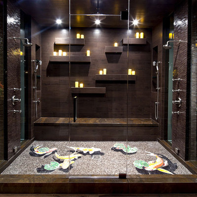 Double shower - contemporary mosaic tile and brown tile double shower idea in Los Angeles