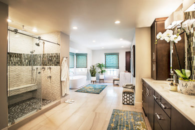 Large minimalist master beige tile and porcelain tile pebble tile floor and multicolored floor bathroom photo in DC Metro with flat-panel cabinets, dark wood cabinets, a two-piece toilet, beige walls, an undermount sink, quartzite countertops and white countertops