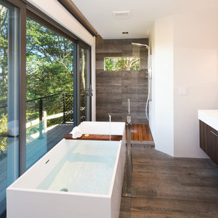 Example of a small trendy 3/4 gray tile brown floor bathroom design in Boston with flat-panel cabinets, dark wood cabinets, solid surface countertops, white walls and a trough sink