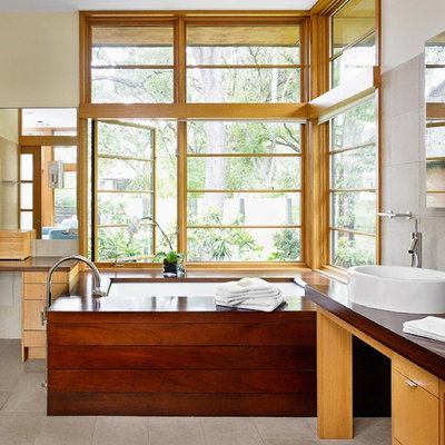 Inspiration for an asian bathroom remodel in Austin with a vessel sink