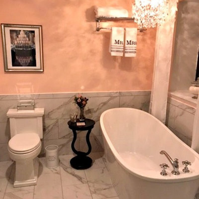 Freestanding bathtub - small shabby-chic style master marble floor and white floor freestanding bathtub idea in Other with yellow walls