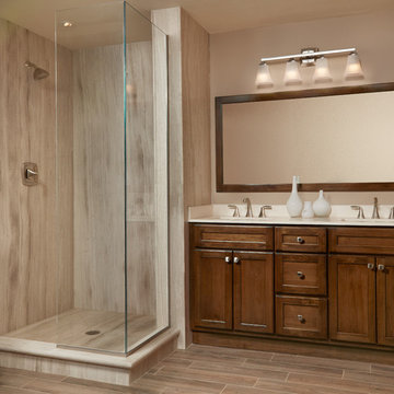 Teakwood Natural Stone Master Bathroom with Double Sinks