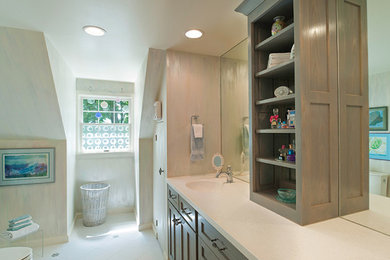 Doorless shower - mid-sized contemporary master white tile limestone floor doorless shower idea in New York with recessed-panel cabinets, distressed cabinets, white walls, an integrated sink and granite countertops