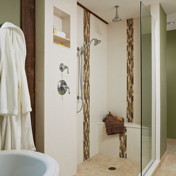 The Barn; master bath; zero entry shower; shower seat; freestanding tub; framele