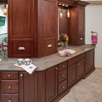 The cabinetry in the remodeled master bath