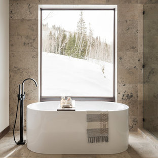 Large trendy master multicolored tile and ceramic tile ceramic tile and multicolored floor bathroom photo in Salt Lake City with flat-panel cabinets, dark wood cabinets, multicolored walls, an undermount sink and quartz countertops