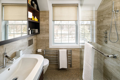 Example of a small trendy kids' brown tile and mosaic tile marble floor walk-in shower design in Ottawa with an integrated sink, flat-panel cabinets, dark wood cabinets, a wall-mount toilet and beige walls