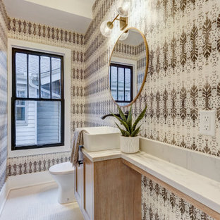 Bathroom - small craftsman ceramic tile and white floor bathroom idea in Oklahoma City with flat-panel cabinets, white cabinets, a two-piece toilet, multicolored walls, a vessel sink, quartz countertops and white countertops
