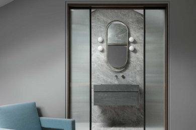 Modelo de cuarto de baño principal contemporáneo con baldosas y/o azulejos grises, baldosas y/o azulejos de porcelana, suelo de baldosas de porcelana y suelo gris
