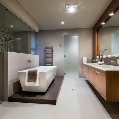 Bathroom - contemporary master multicolored tile and mosaic tile bathroom idea in Perth with flat-panel cabinets, medium tone wood cabinets and gray walls