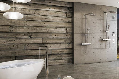 Bathroom - contemporary gray floor bathroom idea in San Diego with gray walls