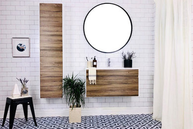 Inspiration for a modern bathroom remodel in Los Angeles with brown cabinets and an integrated sink