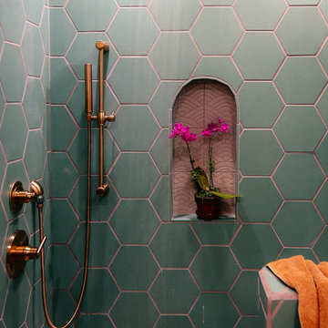 The Jungalow: Hexagon Shower Tiles with Tile Shower Niche