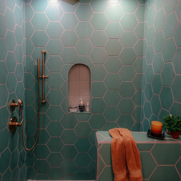 The Jungalow: Hexagon Tile Bathroom with Handpainted Floor Tile