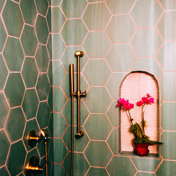 The Jungalow: Hexagon Tile Shower with Handpainted Niche