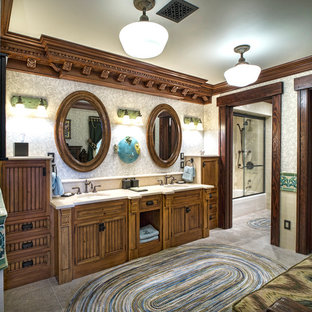 Large arts and crafts master white tile ceramic tile bathroom photo in New York with a console sink, medium tone wood cabinets, granite countertops and multicolored walls