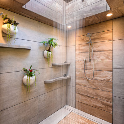 Bathroom - large modern master gray tile and ceramic tile ceramic tile and gray floor bathroom idea in Minneapolis with flat-panel cabinets, dark wood cabinets, a one-piece toilet, white walls, a vessel sink and concrete countertops