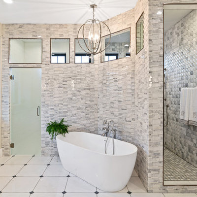 Inspiration for a large country master multicolored tile and marble tile ceramic tile and multicolored floor bathroom remodel in Cincinnati with recessed-panel cabinets, white cabinets, a two-piece toilet, white walls, an undermount sink, quartz countertops and gray countertops