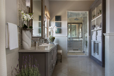 Large transitional master gray tile, white tile and mosaic tile ceramic tile and gray floor alcove shower photo in Orange County with shaker cabinets, gray cabinets, a two-piece toilet, gray walls, an undermount sink, quartz countertops and a hinged shower door