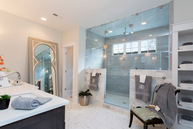 Large trendy master white tile double shower photo in Richmond with an integrated sink, shaker cabinets, dark wood cabinets, a one-piece toilet and white walls