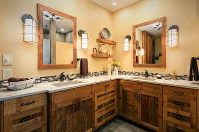 Bathroom - mid-sized rustic master yellow tile and glass tile porcelain tile, gray floor and double-sink bathroom idea in Seattle with shaker cabinets, medium tone wood cabinets, yellow walls, quartz countertops, beige countertops and a built-in vanity
