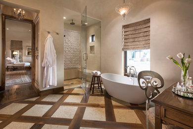 Bathroom - mid-sized eclectic master white tile and ceramic tile bathroom idea in Phoenix with a drop-in sink, furniture-like cabinets, medium tone wood cabinets, marble countertops, a one-piece toilet and white walls