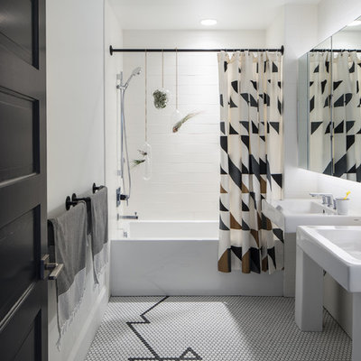 Inspiration for a mid-sized contemporary master white tile mosaic tile floor and multicolored floor bathroom remodel in Denver with white walls and a pedestal sink