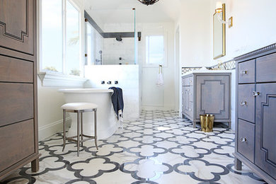 Bathroom - traditional 3/4 white tile and marble tile marble floor bathroom idea in San Diego with a two-piece toilet, white walls and a pedestal sink