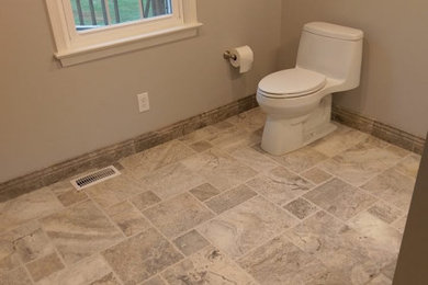 Bathroom - large transitional master white tile and marble tile travertine floor and multicolored floor bathroom idea in Wilmington with gray walls and a wall-mount sink