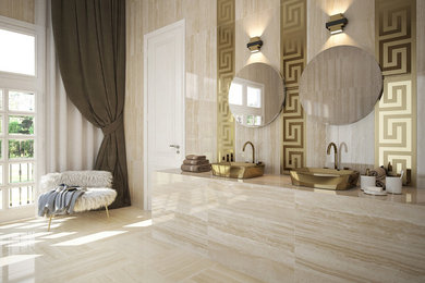 Diseño de cuarto de baño principal contemporáneo grande con baldosas y/o azulejos beige, baldosas y/o azulejos de mármol, suelo de mármol, lavabo sobreencimera, encimera de mármol y suelo beige