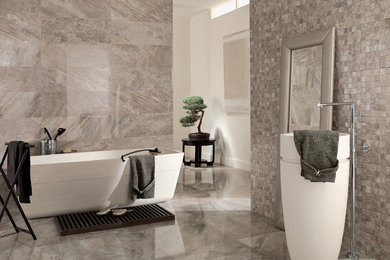 Freestanding bathtub - large traditional master mosaic tile porcelain tile freestanding bathtub idea in Austin with beige walls and a console sink
