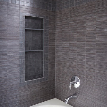 Tile shower with storage and polished chrome trim