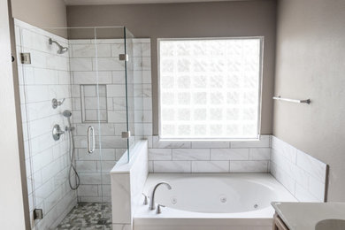 Tile, Tub, Plumbing Fixtures, and Frameless Shower Glass