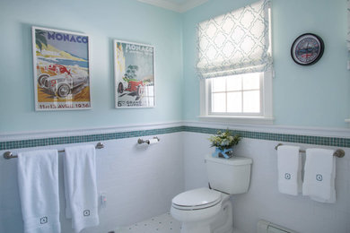 Inspiration for a mid-sized transitional kids' green tile and ceramic tile porcelain tile and white floor bathroom remodel in Boston with raised-panel cabinets, white cabinets, a two-piece toilet, green walls, an undermount sink and quartz countertops