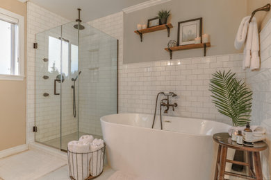 Bathroom - mid-sized 1950s master white tile and ceramic tile marble floor, white floor and double-sink bathroom idea in Seattle with granite countertops, a hinged shower door, a niche and a built-in vanity