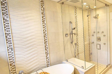 Mid-sized transitional master beige tile and porcelain tile porcelain tile and beige floor bathroom photo in New York with recessed-panel cabinets, brown cabinets, a one-piece toilet, blue walls, an undermount sink, quartz countertops and a hinged shower door