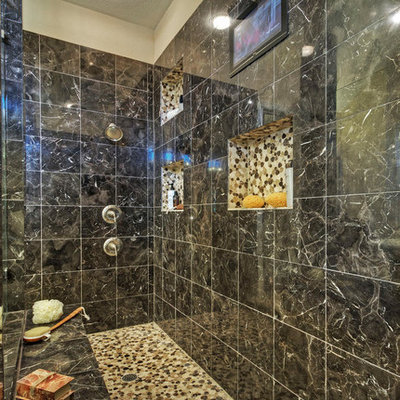 Example of a large trendy master mosaic tile and black tile doorless shower design in Dallas with beige walls