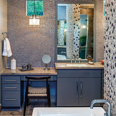 Bathroom - contemporary master multicolored tile and mosaic tile bathroom idea in Philadelphia with flat-panel cabinets, blue cabinets and an undermount sink