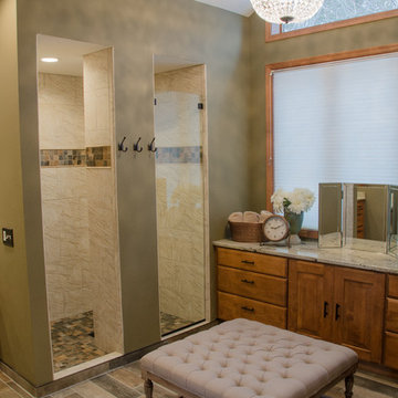 Total Master Bath Remodel Features Vaulted Ceiling, Chrystal Chandelier