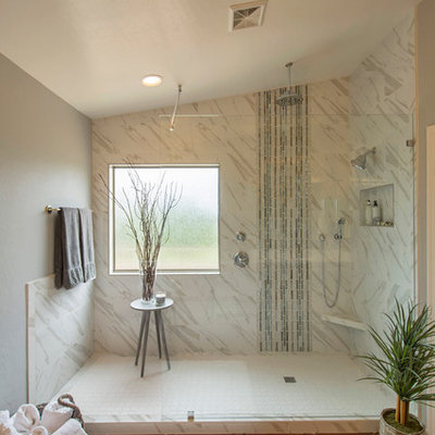 Example of a mid-sized trendy master white tile and porcelain tile terra-cotta tile doorless shower design in Phoenix with gray walls