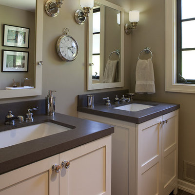Inspiration for a timeless brown tile bathroom remodel in San Francisco with an undermount sink, shaker cabinets and white cabinets