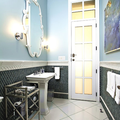 Elegant blue tile and mosaic tile bathroom photo in Phoenix with a pedestal sink