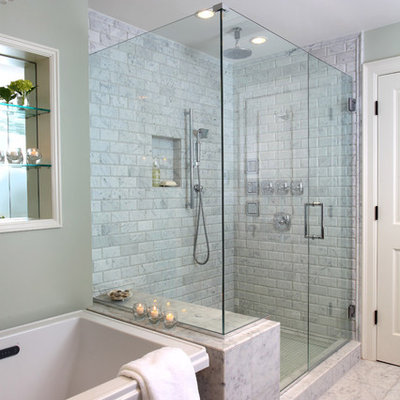 Bathroom - traditional stone tile bathroom idea in Boston